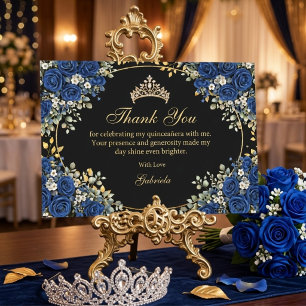 Tarjeta De Agradecimiento Rosas negras y azul real Quinceañera dorada
