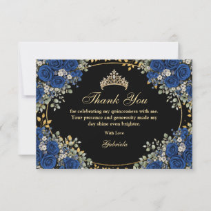 Tarjeta De Agradecimiento Rosas negras y azul real Quinceañera dorada