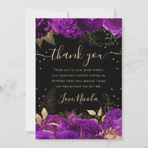 Tarjeta De Agradecimiento Rosas púrpura y doradas borde floral cumpleaños