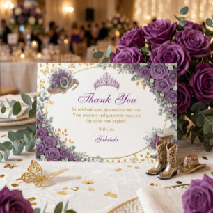 Tarjeta De Agradecimiento Rosas púrpuras occidentales Quinceañera dorada del