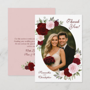 Tarjeta De Agradecimiento Rosas rojas borgoña y rosadas ovaladas foto boda