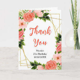 Tarjeta De Agradecimiento Rosas Rojas Coral con Cumpleaños de Follaje