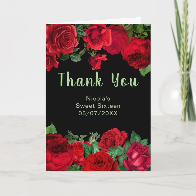 Tarjeta De Agradecimiento Rosas Rojas Elegantes Flores Dulces Dieciséis (Anverso)