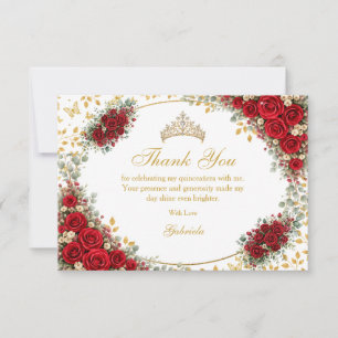 Tarjeta De Agradecimiento Rosas Rojas Elegantes Mariposas Doradas Quinceañer