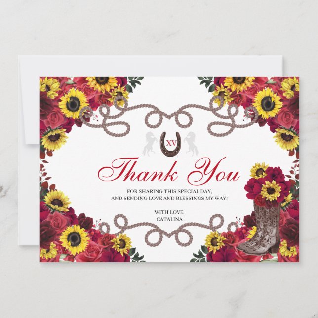 Tarjeta De Agradecimiento Rosas Rojas Girasoles Charro Quinceañera Gracias  (Anverso)