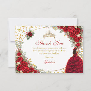 Tarjeta De Agradecimiento Rosas Rojas Mariposas Doradas Quinceañera