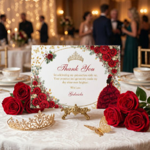 Tarjeta De Agradecimiento Rosas Rojas Mariposas Doradas Quinceañera