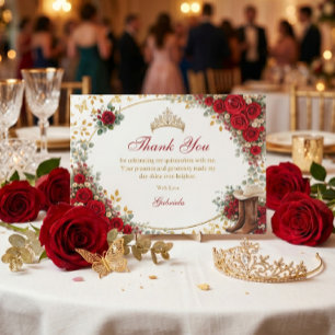 Tarjeta De Agradecimiento Rosas Rojas Mariposas Doradas Quinceañera