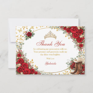 Tarjeta De Agradecimiento Rosas Rojas Mariposas Doradas Quinceañera