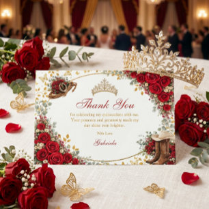 Tarjeta De Agradecimiento Rosas Rojas Occidentales Quinceañera Dorada del Pa