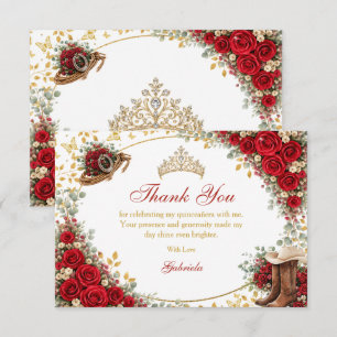 Tarjeta De Agradecimiento Rosas Rojas Occidentales Quinceañera Dorada del Pa