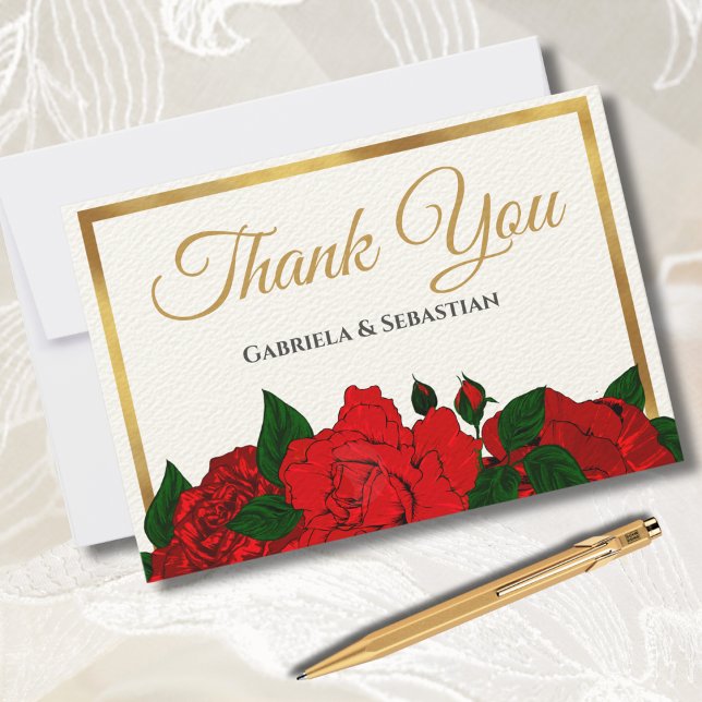 Tarjeta De Agradecimiento Rosas rojas románticas | Boda de guión elegante (Subido por el creador)