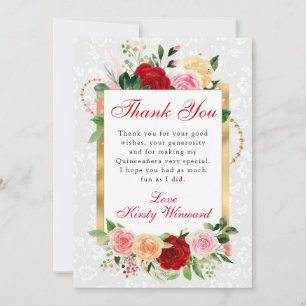 Tarjeta De Agradecimiento Rosas Rojas y Naranjas Flores Quinceañera Dorada