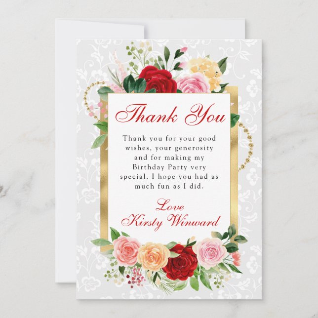 Tarjeta De Agradecimiento Rosas rojos y Naranjas Flores Relieve metalizado d (Anverso)