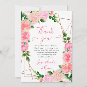 Tarjeta De Agradecimiento Rosas rosadas acuarela marco dorado boda