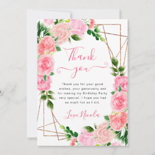 Tarjeta De Agradecimiento Rosas rosadas acuarela marco dorado cumpleaños