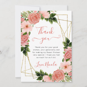 Tarjeta De Agradecimiento Rosas rosadas acuarela marco dorado dulces 16