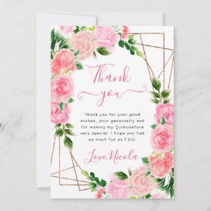 Tarjeta De Agradecimiento Rosas rosadas acuarela marco dorado Quinceañera