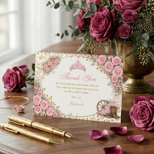 Tarjeta De Agradecimiento Rosas rosadas acuarela mariposa dorada Quinceañera