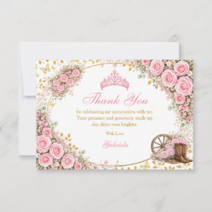Tarjeta De Agradecimiento Rosas rosadas acuarela mariposa dorada Quinceañera