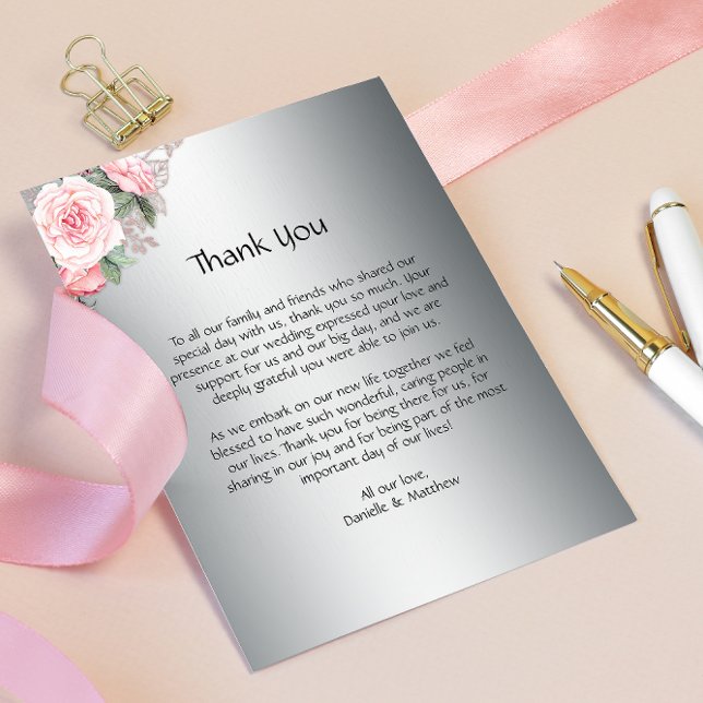 Tarjeta De Agradecimiento Rosas rosadas clásicas en Boda plateado (Subido por el creador)