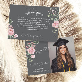 Tarjeta De Agradecimiento Rosas Rosadas Modernas Guion Foto de Graduación