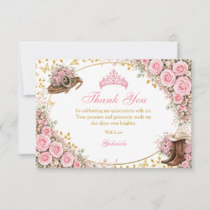 Tarjeta De Agradecimiento Rosas rosadas occidentales Quinceañera dorada del