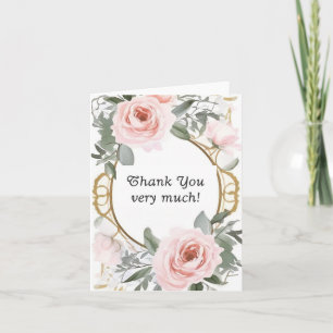 Tarjeta De Agradecimiento Rosas Rosadas Pálidas Marco Dorado Gracias
