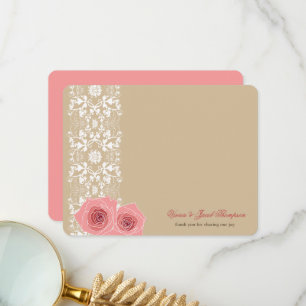 Tarjeta De Agradecimiento Rosas Rosadas Y Boda De Moda Romántica De Damasco