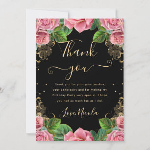 Tarjeta De Agradecimiento Rosas rosadas y doradas Cumpleaños floral