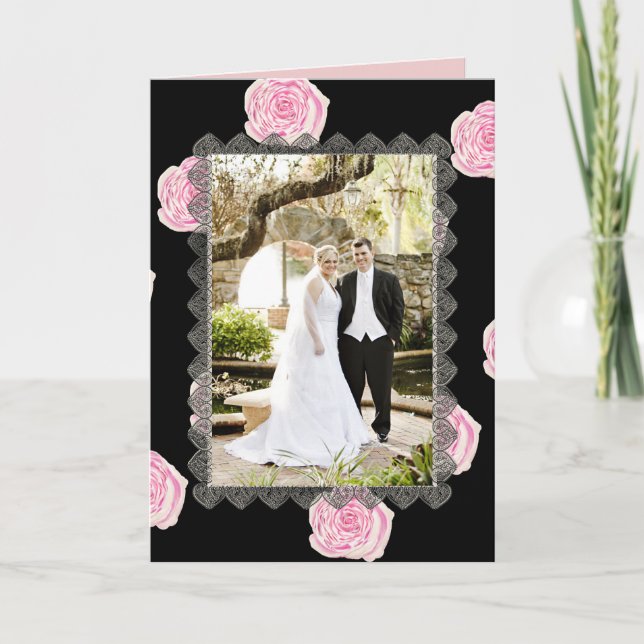 Tarjeta De Agradecimiento Rosas rosados de col y Boda de encaje negro (Anverso)
