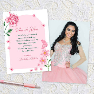 Tarjeta De Agradecimiento Rosas rosados de Quinceañera y mariposas de Rubor