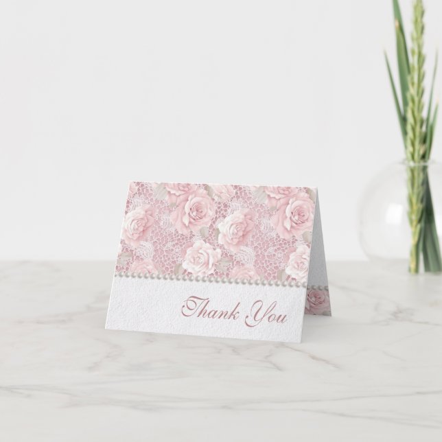 Tarjeta De Agradecimiento Rosas rosas, encajes y perlas rosas (Anverso)