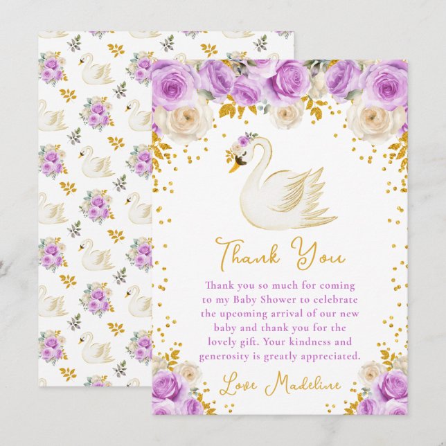Tarjeta De Agradecimiento Rosas Swan Purple y Gold Baby Shower (Anverso / Reverso)