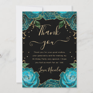 Tarjeta De Agradecimiento Rosas Teal y Doradas Cumpleaños Floral