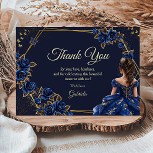 Tarjeta De Agradecimiento Rosas Tiara Dorada Azul Marino Quinceañera