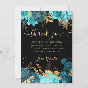 Tarjeta De Agradecimiento Rosas turquesa y doradas Cumpleaños floral