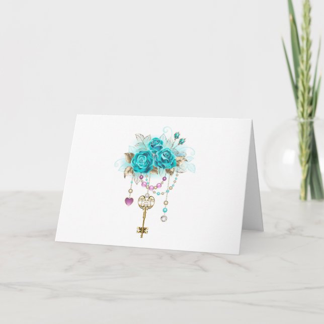 Tarjeta De Agradecimiento Rosas turquesas con llaves (Anverso)
