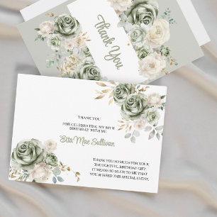 Tarjeta De Agradecimiento Rosas verdes marfil Sage cumpleaños 80 floral