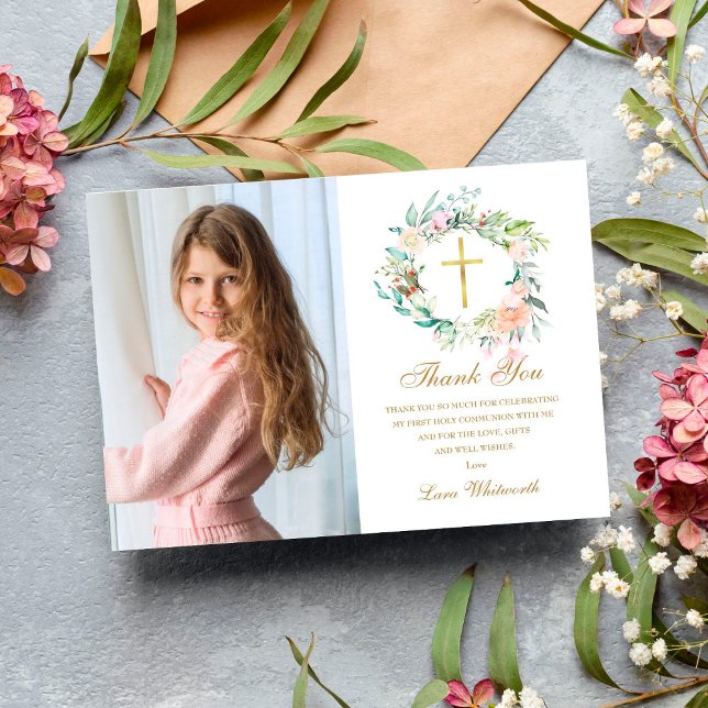 Tarjeta De Agradecimiento Rose Floral Garland First Holy Communion Photo (Subido por el creador)