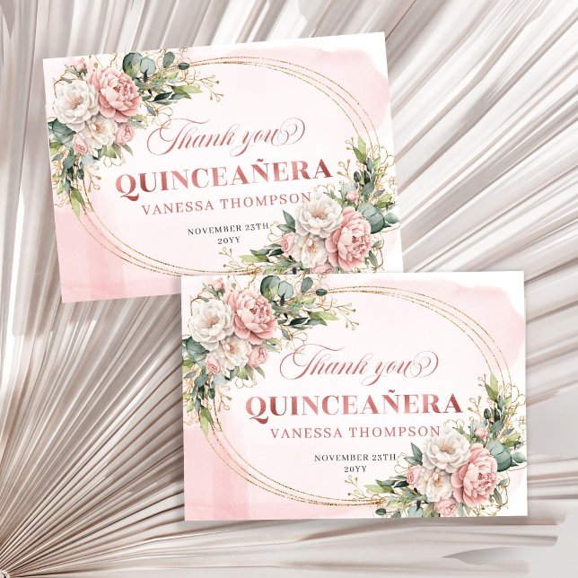 Tarjeta De Agradecimiento Rose Gold Boho Floral Greenery Sweet Fifteen Thank (Rose Gold Boho Floral Greenery Sweet Fifteen Thank You)
