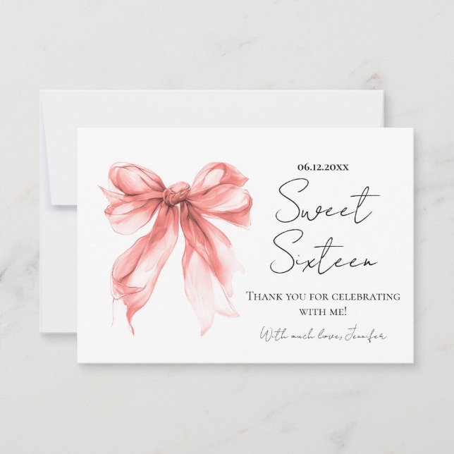 Tarjeta De Agradecimiento Rose Gold Bow Coquette Script Sweet 16 Thank You  (Anverso)