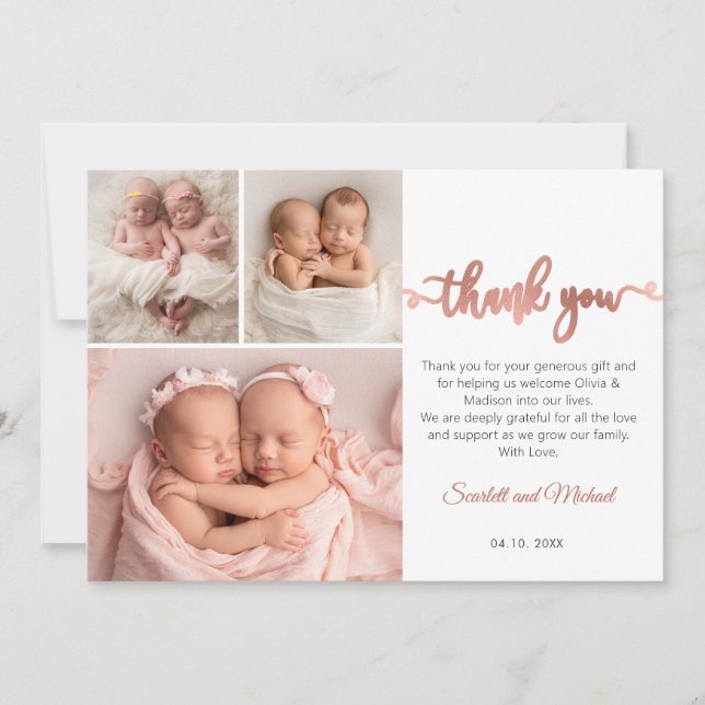 Tarjeta De Agradecimiento Rose Gold Script Girl Twins Babies 3 Photo Collage (Anverso)