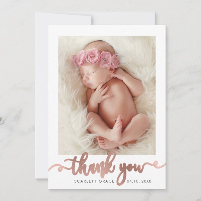 Tarjeta De Agradecimiento Rose Gold Script texto superpuesto moderno foto be (Anverso)