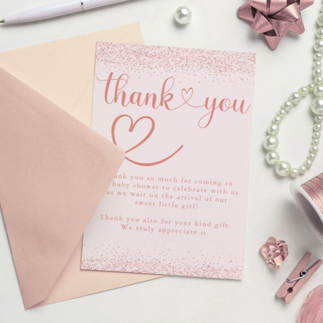 Tarjeta De Agradecimiento Rose Gold Thank You Confetti Heart Script (Subido por el creador)