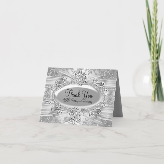 Tarjeta De Agradecimiento Rose & Jewel Plata 25 Aniversario Gracias (Anverso)