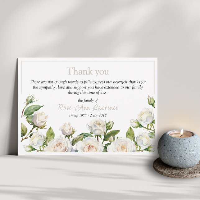 Tarjeta De Agradecimiento Roses blancos de acuarela floral marco funeral (Funeral thank you card from family with floral botanical details and color frame, white roses)