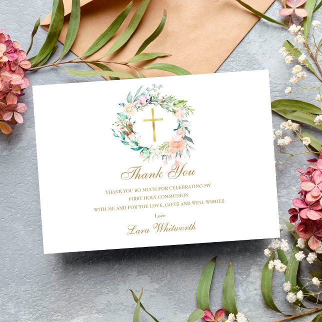 Tarjeta De Agradecimiento Roses Floral Garland Gold First Holy Communion (Subido por el creador)