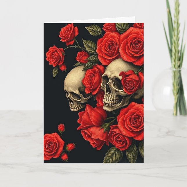 Tarjeta De Agradecimiento Roses n Skulls Valentine Card (Anverso)