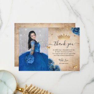 Tarjeta De Agradecimiento Royal Azul y Dorado Quinceañera Foto Cumpleaños